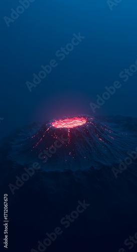 푸른 어둠 속 붉게 타오르는 화산 분화구