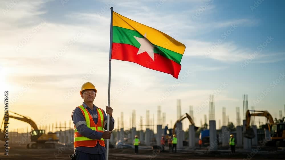 Proud Asian construction worker holding the Myanmar flag at a large building site during a beautiful sunset.