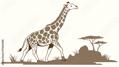 Giraffe in savanna landscape stylized illustration wildlife art animal graphic nature design.