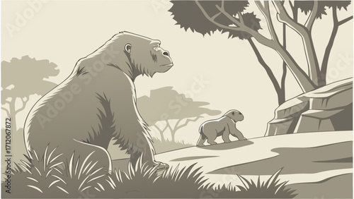 Gorilla and Baby Gorilla in African Savanna Wildlife Illustration Nature Scene Family Animals Ape Illustration.