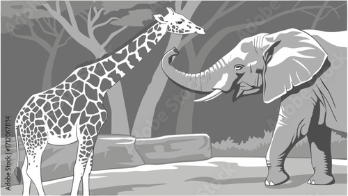 Grayscale illustration of a giraffe and an elephant in a forest setting.