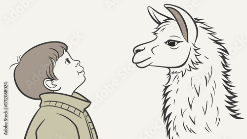 Illustration of a child looking at a llama friendly animal encounter cute cartoon animals kids and animals vector illustration.