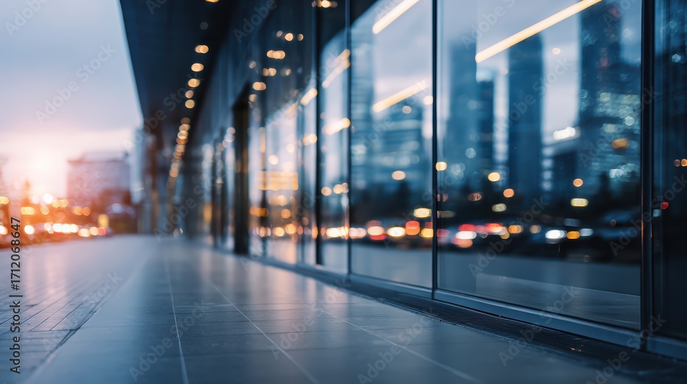 Fototapeta premium Blurred modern commercial building facade with reflective glass surfaces. Sophisticated urban atmosphere, corporate business excellence and success concept. Business office building background.