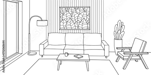 Living room graphic black white home interior sketch illustration vector 