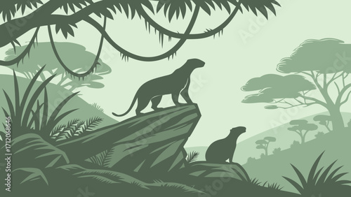 Jungle cats silhouette on rocks in lush green forest illustration.