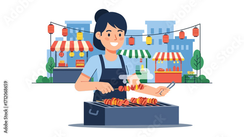 Culinary Delights: A vendor expertly prepares a flavorful dish at a lively street food stall amidst vibrant cityscapes. This culinary scene is an inviting celebration of taste.