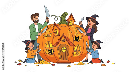 Enchanting Halloween Pumpkin Home: A cheerful family joins in creating a whimsical pumpkin home for Halloween, a delightful illustration of togetherness. 