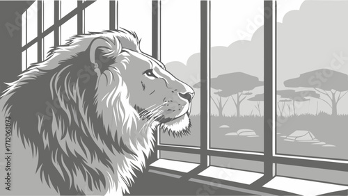 Lion gazing out window at savanna landscape monochrome vector illustration wildlife nature captivity longing freedom animal portrait zoo big cat majestic wild animal african landscape.