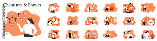 set of chemistry and physics vector illustrations, concepts for scientific research, school education and laboratory experiments