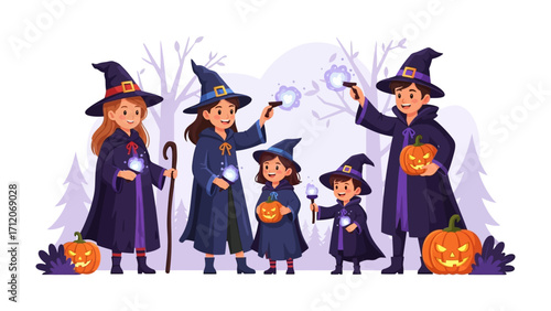 Magical Halloween Family: A captivating illustration depicts a family dressed as wizards and witches, casting spells and embracing the enchantment of Halloween.