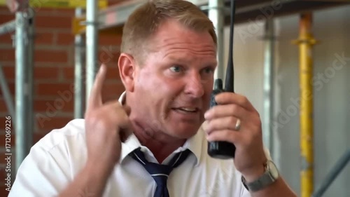 Angry Caucasian man talking shouting scream on walkie talkie radio device furious male contractor mad guy showing hand wrist late waiting builder building repairman annoyed foreman engineer architect