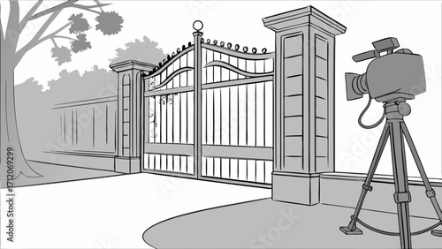 Ornate Gate and Video Camera Setup - Film Production Illustration.