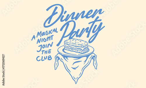 Vintage dinner artwork of a lasagna in a monochrome style. Retro Dinner Party illustration for t shirt print, poster