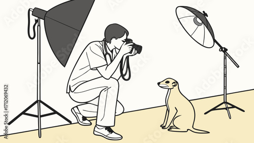 Professional Photographer Shooting a Small Animal in Studio Setting with Lighting Equipment.