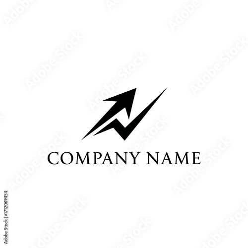 A black abstract logo featuring an upward-trending arrow with a sharp, angular design, placed above the text "COMPANY NAME".
