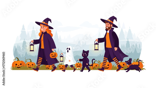Halloween Family Parade: A delightful family embraces the Halloween spirit with a joyous procession of spooky and festive characters. Carried lanterns in the darkness.