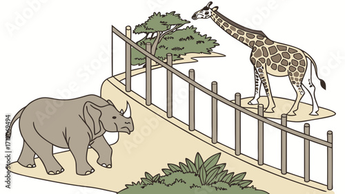 Rhino and Giraffe at the Enclosure Zoo Animals Illustration Wildlife Scene.