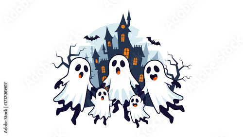 Halloween Ghosts with Spooky Mansion: Playful and whimsical ghosts frolic in front of a haunted mansion on a spooky Halloween night. A fun and festive scene.