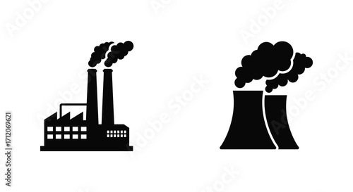 Black and white illustration depicting industrial factories with smoke stacks emitting pollution