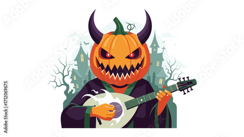 Spooky Pumpkin Musician: A whimsical illustration of a pumpkin-headed figure, conjuring a hauntingly harmonious melody on an instrument. A whimsical and spooky vibe.