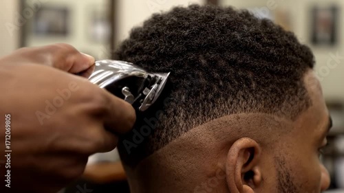 Barber Trimming Hair with Clippers - Close-up view of a barber's hands skillfully using hair clippers to create a sharp, clean line on a man's short, faded haircut.