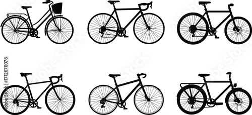 Silhouette collection of different bicycle types including road, city, and mountain bikes in vector style on white background.