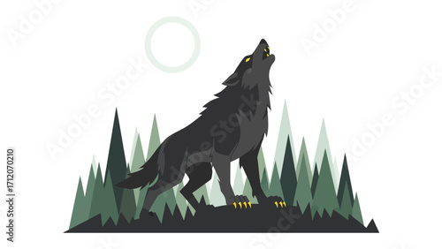 Wolf Silhouette: A minimalist illustration showcases a majestic wolf silhouette, set against the backdrop of the moon and evergreen trees, echoing the wild spirit and mystique of the wilderness.