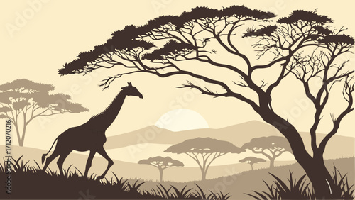 Silhouette of a Giraffe in an African Savanna Landscape at Sunset Wildlife Art Nature Illustration.