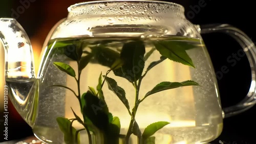 Hot water steeps fresh green tea leaves in glass teapot close up