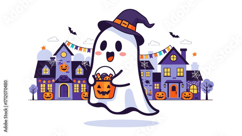 Spooky Treat: A friendly, cartoonish ghost, donning a witch's hat, floats happily through a whimsical town, clutching a jack-o'-lantern treat bag and carrying treats.