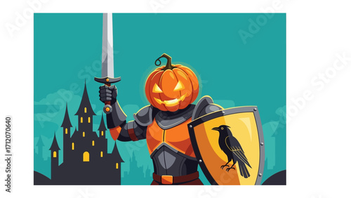 Halloween Pumpkin Knight: A whimsical illustration of a pumpkin-headed knight, poised with a gleaming sword and shield before a gothic castle, set against a vibrant turquoise backdrop.