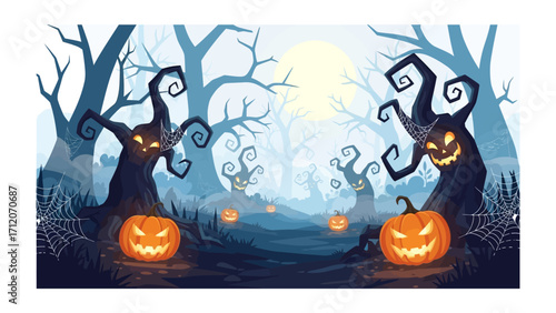 Halloween Spooky Landscape: A vibrantly spooky illustration, evoking the quintessential mood of the holiday. The scene showcases a forest haunted by grinning pumpkins and ominous trees. 