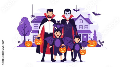 Halloween Family Celebration: A charming Halloween illustration depicts a family in vampire costumes, standing proudly in front of a house with pumpkin lanterns and bats. A picture of fun, gathering.