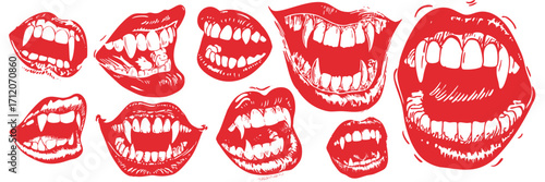Halloween vampire fangs mouth design elements set in vintage horror sketch illustration style