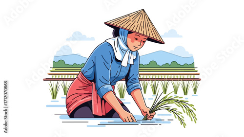 Asian Farmer in Paddy Field: A dedicated Asian farmer is seen carefully transplanting rice seedlings, a serene figure amidst the lush paddy field landscape.