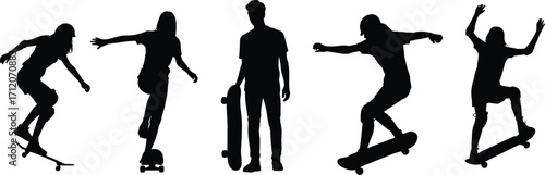 Silhouette skateboarders performing tricks, riding, balancing, standing with skateboard, vector illustration set of skateboarding athletes in dynamic action poses.