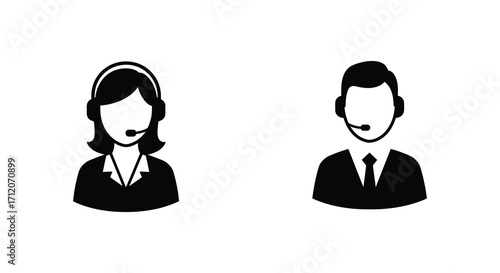 Simple black and white icons depicting a woman and man with headsets