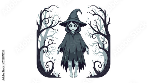 Whimsical Witch in Enchanted Forest: A monochromatic illustration of a whimsical witch, enveloped in an oversized cloak and hat, stands amidst a hauntingly beautiful forest.