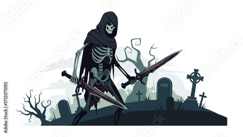 Grim Reaper in Graveyard: In the ominous shadow of a graveyard, the Grim Reaper stands, a spectral figure wielding twin swords, his presence a stark reminder of mortality.