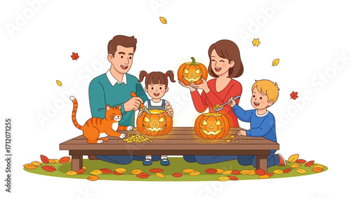 Family Halloween Pumpkin Carving Fun: A happy family enjoys a wholesome Halloween tradition together, carving pumpkins at a table adorned with autumn leaves and playful orange cat.