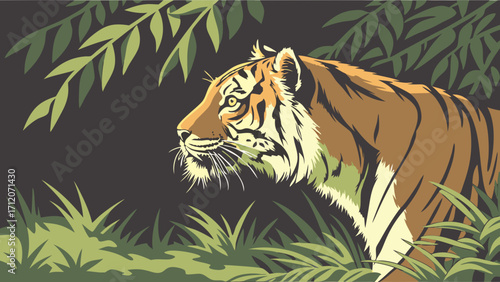 Stylized Tiger Portrait in Jungle Setting Wildlife Art Big Cat Illustration.