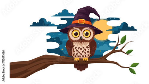 Owl's Halloween Watch: A whimsical illustration of an owl perched on a branch, adorned in a witch's hat, under a starry night sky with moon, evoking the magic of Halloween.