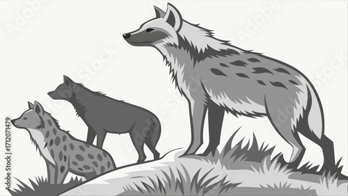 Three hyenas standing in the grass wildlife illustration grayscale vector art.