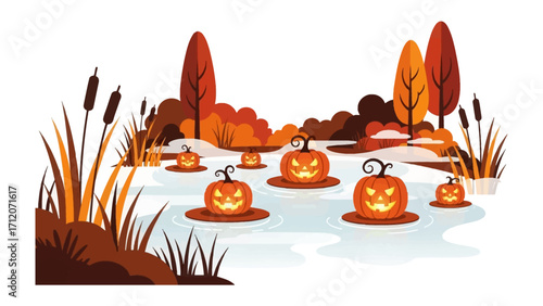 Halloween Pumpkins on Water: A whimsical illustration of glowing jack-o'-lanterns floating serenely on a pond during the autumn season.