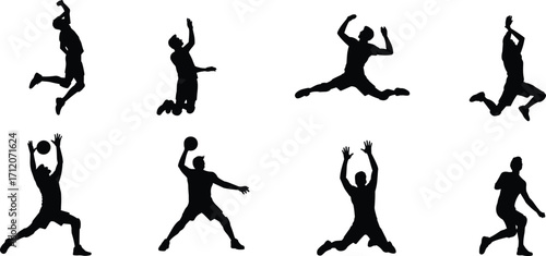 Volleyball player silhouettes jumping, serving, spiking, and blocking, dynamic athletic poses, team sport action, energy and movement vector.
