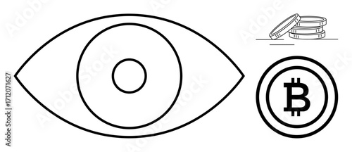 Eye design, Bitcoin emblem, stacked coins. Ideal for blockchain, cryptocurrency, finance, investment, vision analytics fintech themes. Simple flat metaphor