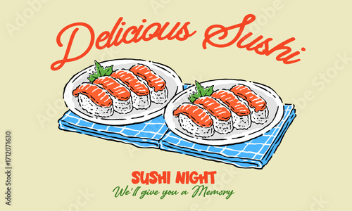 vintage sushi artwork of two plates of delicious salmon . Vintage illustration for a Japanese restaurant sushi night, t shirt print