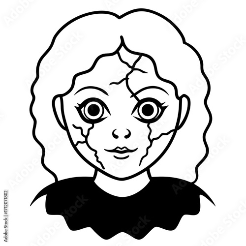 Possessed Doll Face With Cracks Icon Line Art