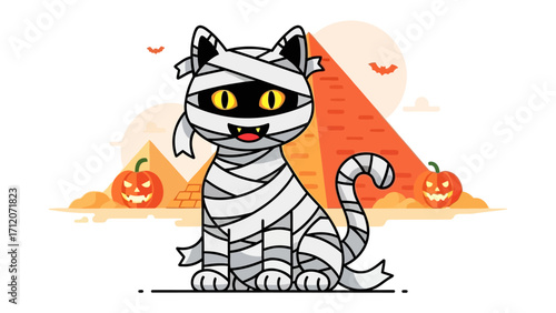 Mummy Cat and Halloween: A playful mummy cat, adorned in bandages, playfully perched in front of a pyramid under the Halloween moon, flanked by jack-o'-lanterns, invoking spooky charm.
