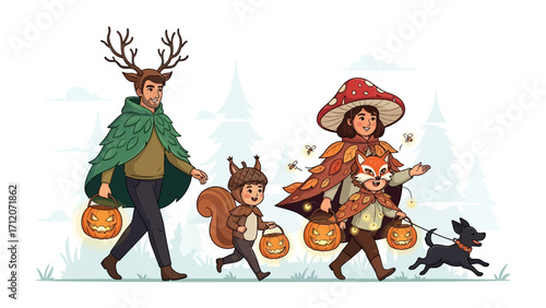Wallpaper Mural Autumnal Adventure: A family of four, accompanied by their playful canine companion, embarks on a whimsical journey through the autumnal landscape. Dressed in enchanting attire. Torontodigital.ca